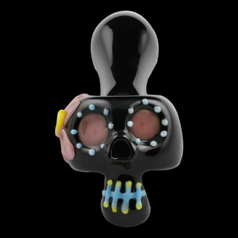 Chameleon Glass Bone Head Dia De Muertos Glass Pipe - Onyx Black